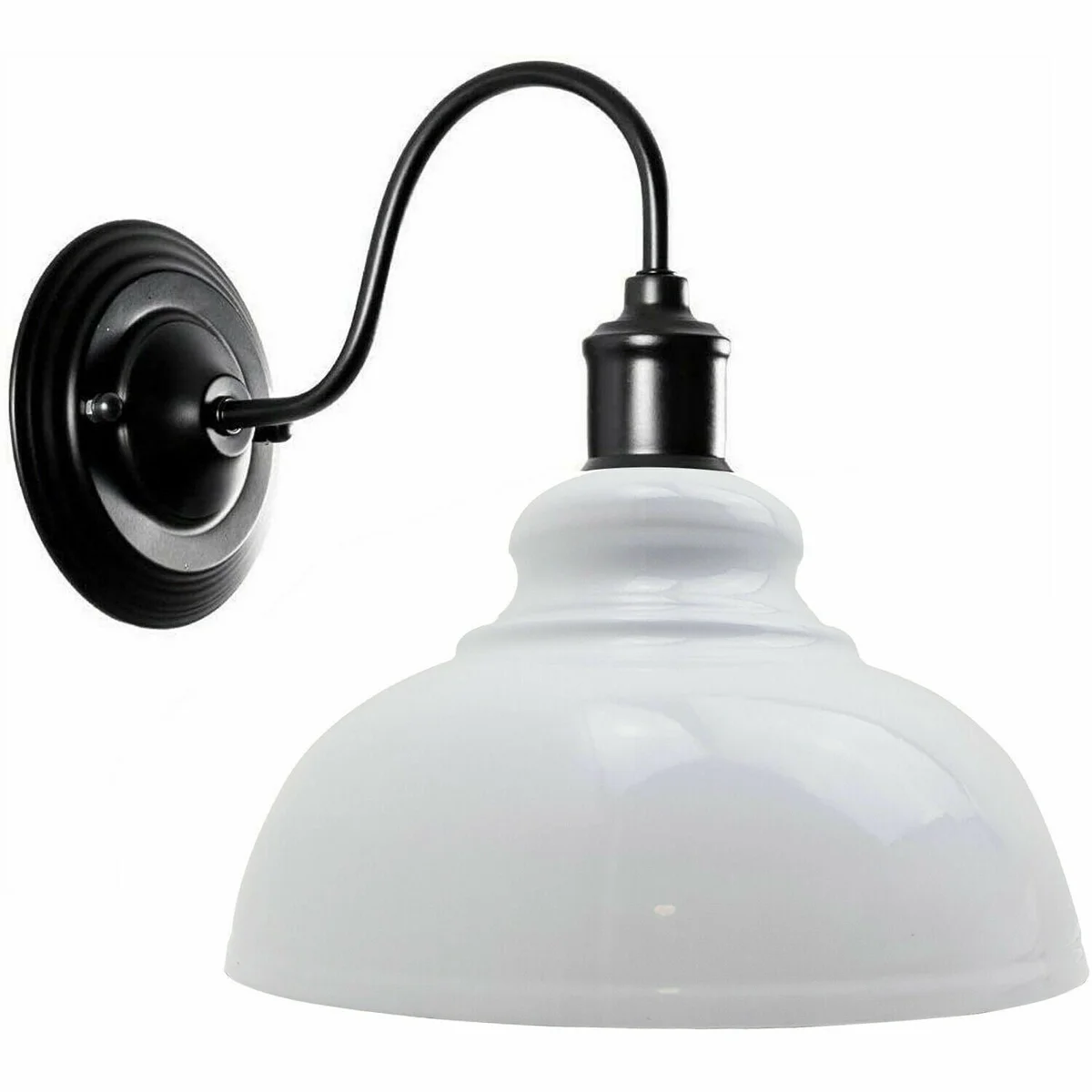White wall light lamp with curvy cone shade and U bend handle mounted on a wall, modern matte finish design