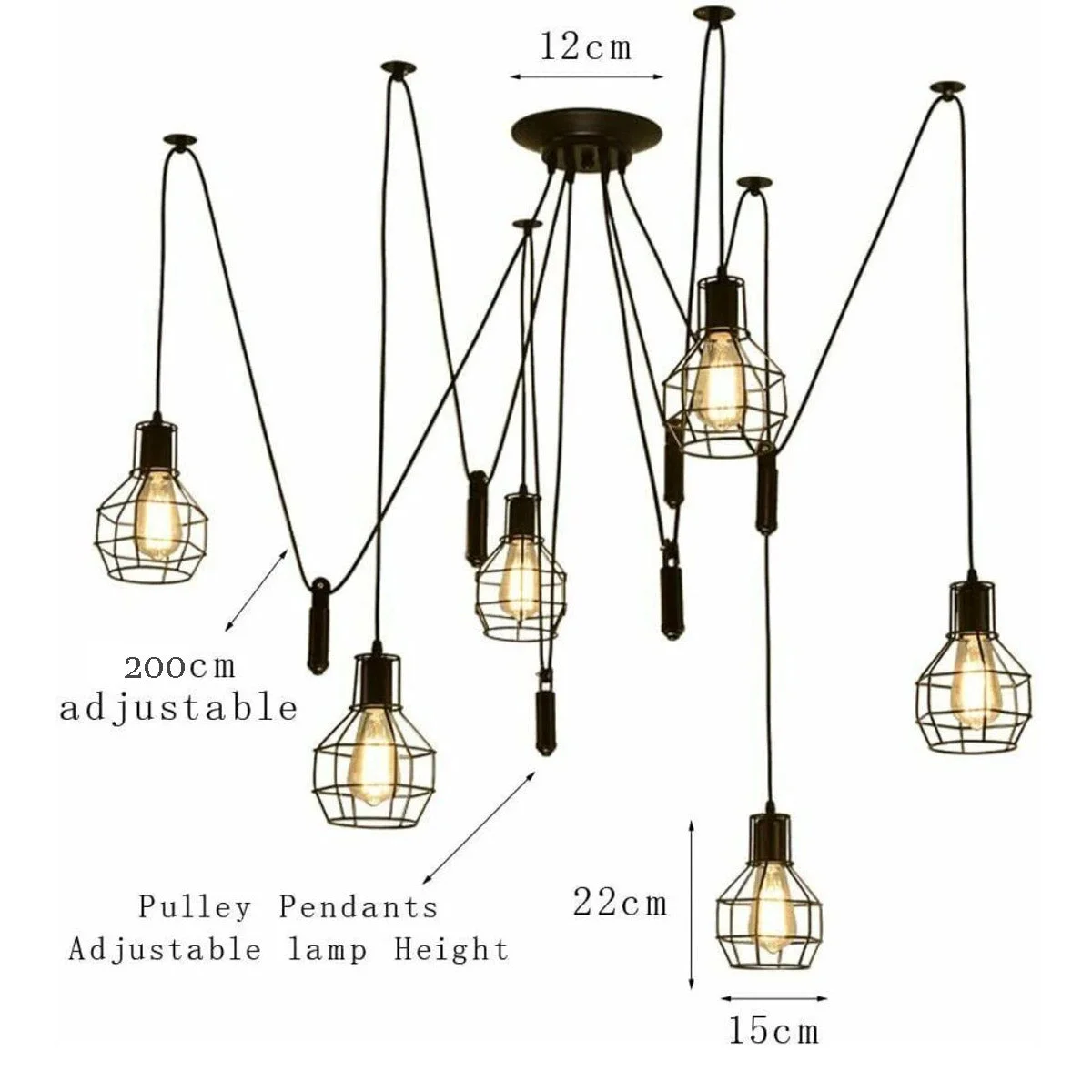 6-light industrial pendant light with adjustable black metal wire cages and long cables hanging from ceiling fixture