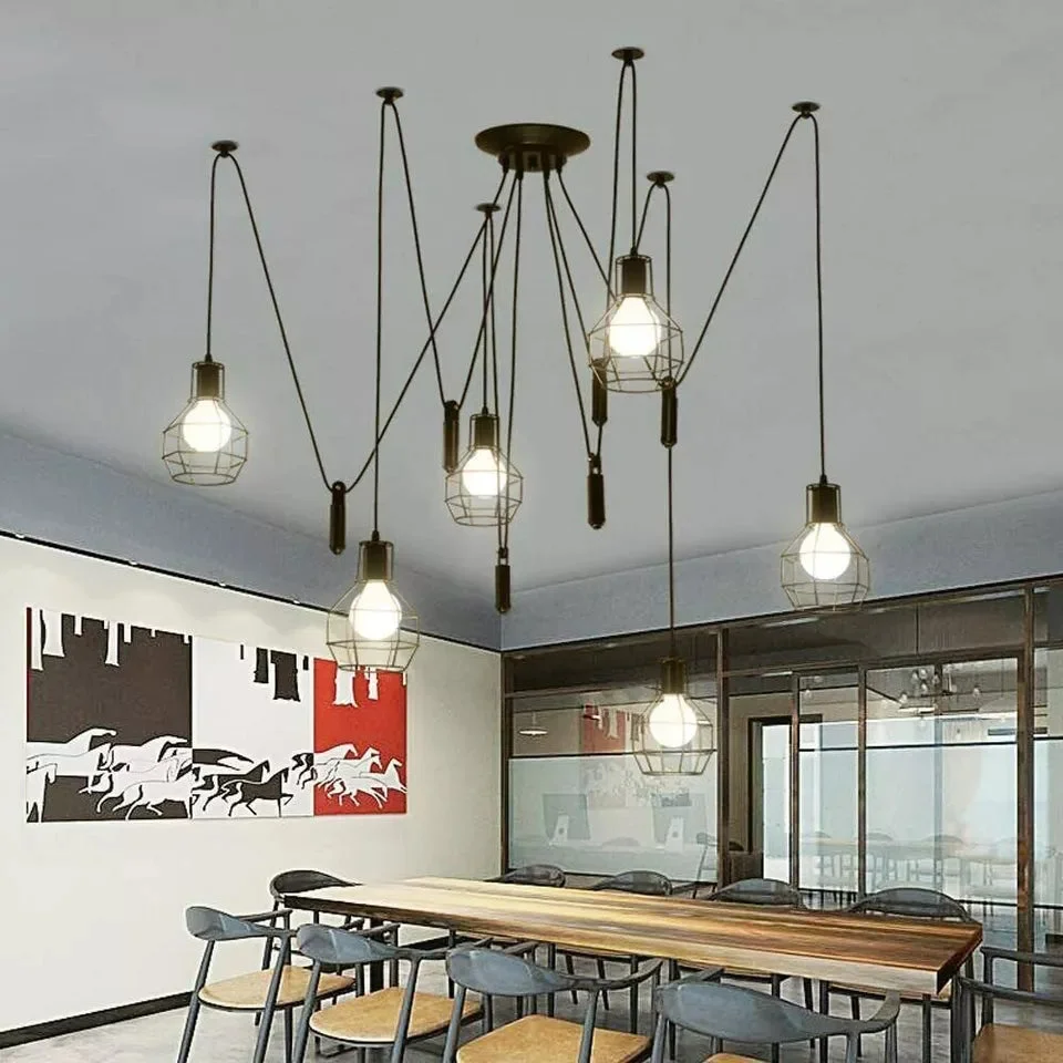 Black 6 light chandelier with adjustable 200cm cables and metal wire cages in industrial style hanging from ceiling