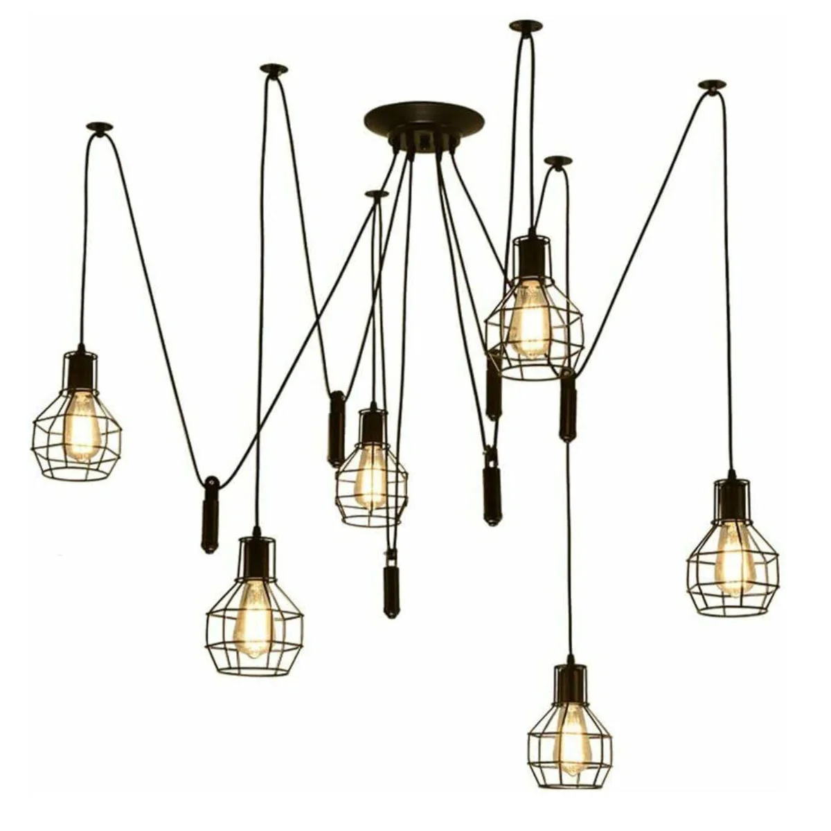 Six-light adjustable pendant chandelier with black metal wire cage light fixtures hanging from 200cm cables
