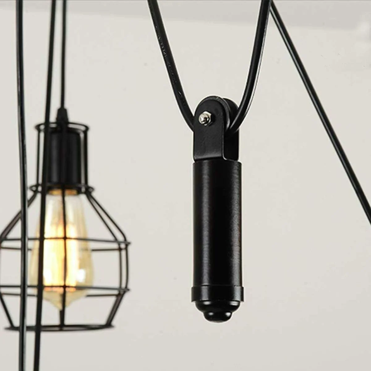 Black 6-light adjustable spider pendant chandelier with metal wire cages, designed for E27 bulb chandelier fittings.
