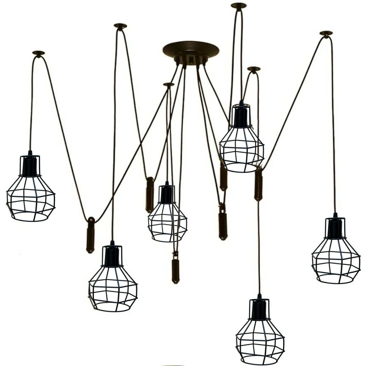 Six-light adjustable black ceiling light with metal wire cages and long hanging cables in industrial style chandelier design