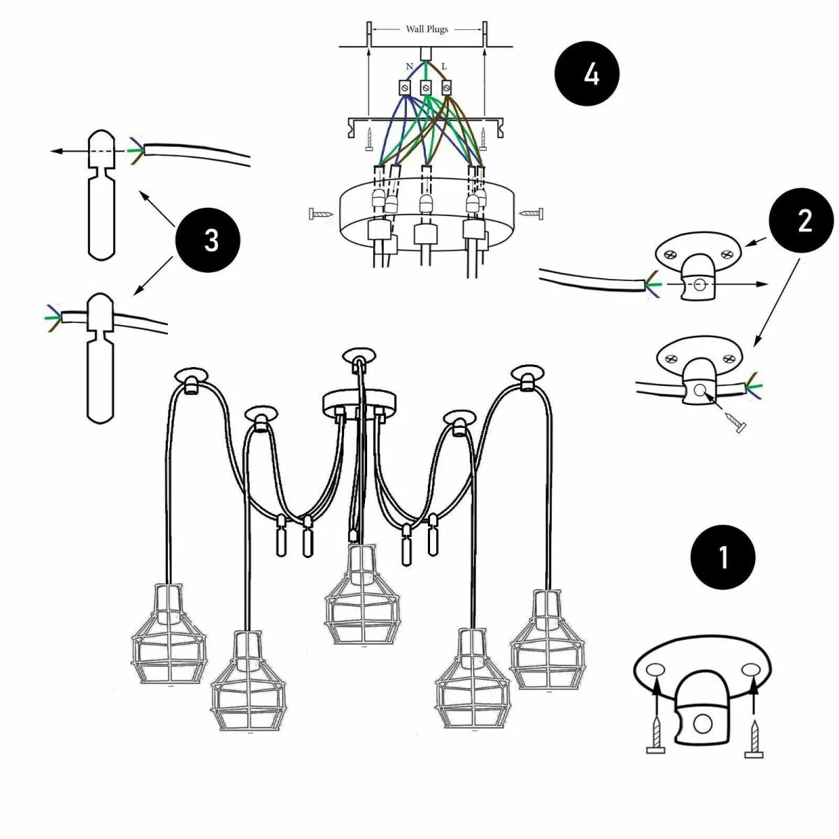 Adjustable spider pendant chandelier with six black metal wire cage lights hanging from long adjustable cables