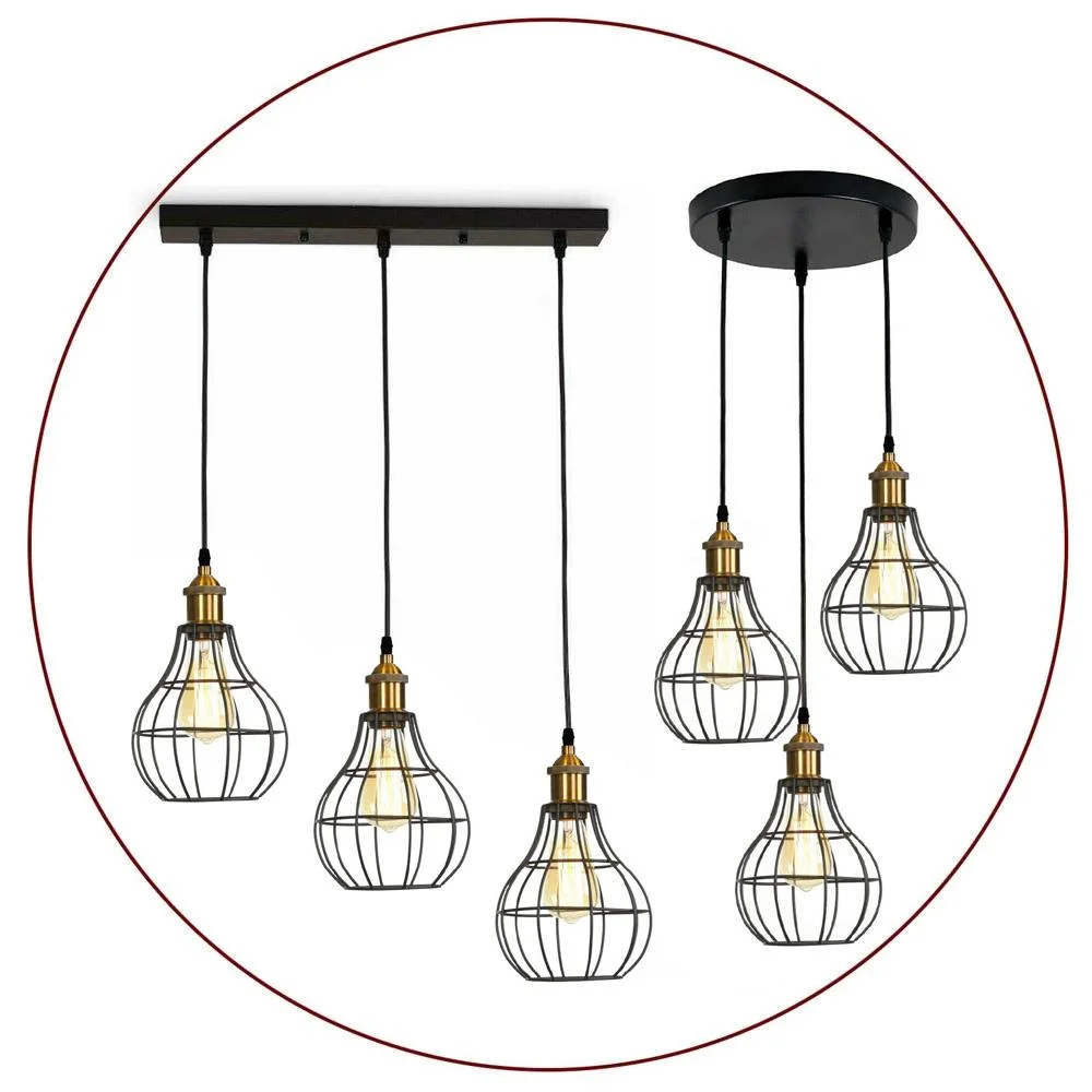 Black modern industrial 3 head ceiling pendant lamp with wire cage shades and 95cm PVC cables hanging from ceiling plate