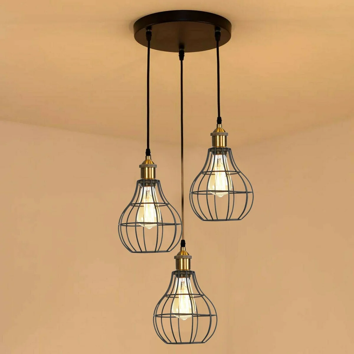Black metal ceiling light with three retro wire cage shades hanging from a 95cm PVC cable, modern industrial style