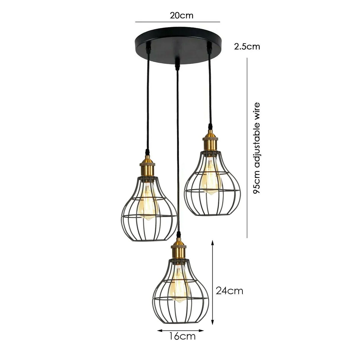 Modern industrial black metal wire cage E27 bulb pendant light with three heads and 95cm PVC cables hanging from ceiling plate