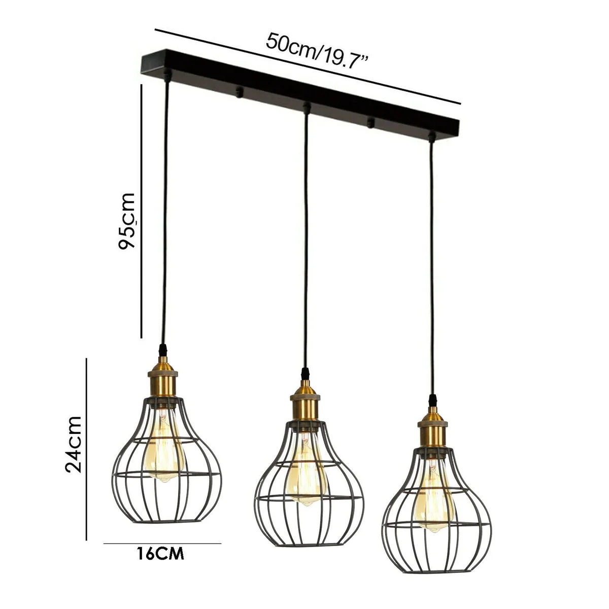 Black modern industrial retro wire cage lamp with three E27 light holders hanging from ceiling plate