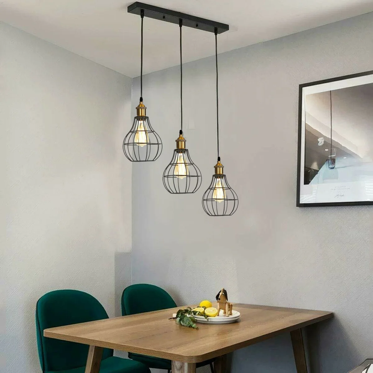 Modern industrial ceiling light with three black metal wire cage shades hanging from a 95cm PVC cable ceiling pendant