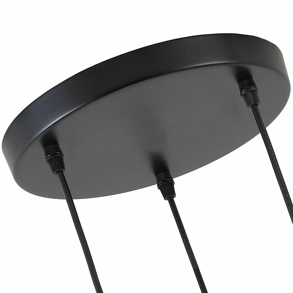 Black modern industrial wire cage pendant light with three heads and 95cm cables hanging from ceiling plate