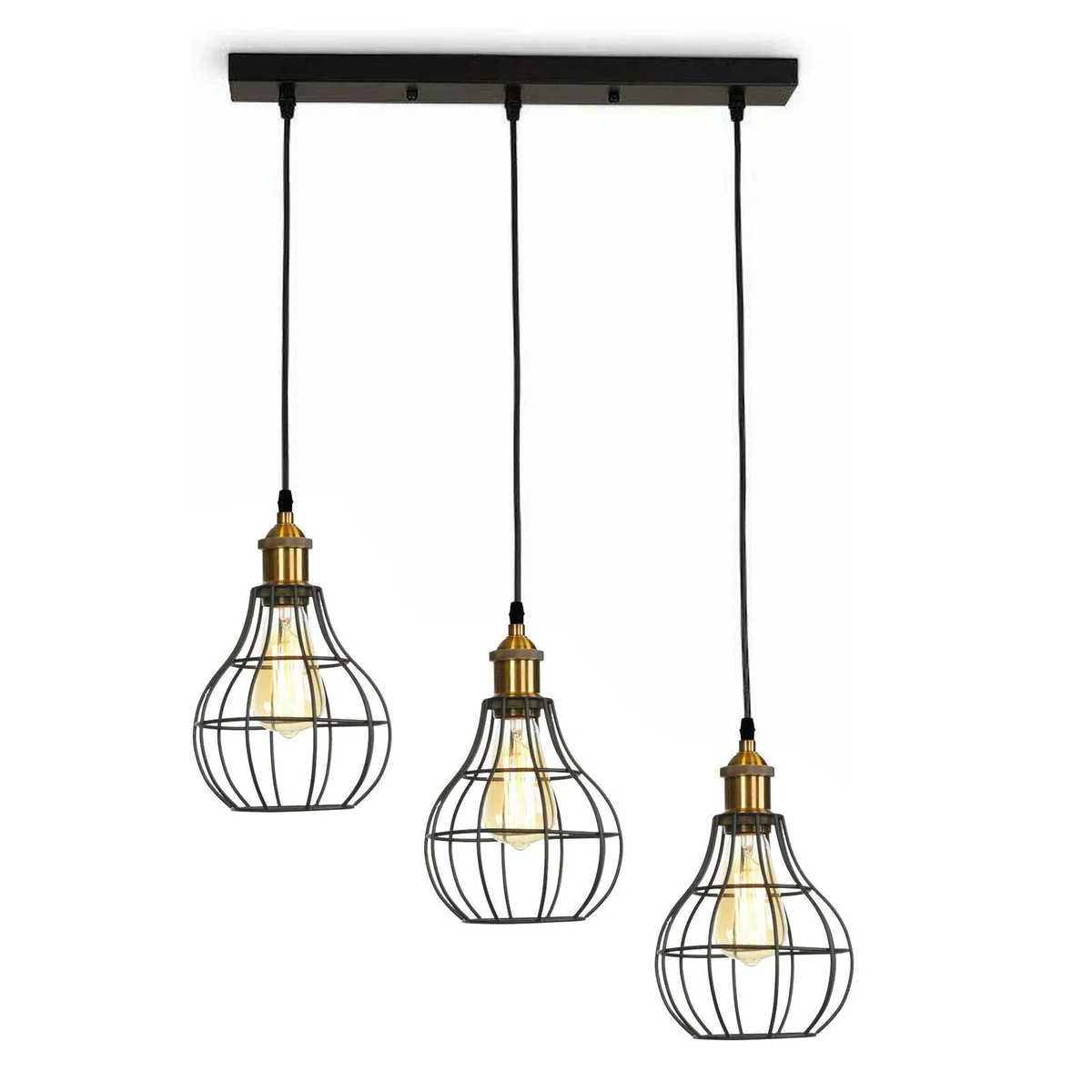 Black modern industrial wire cage pendant light with three E27 sockets and 95cm PVC cables hanging from ceiling plate
