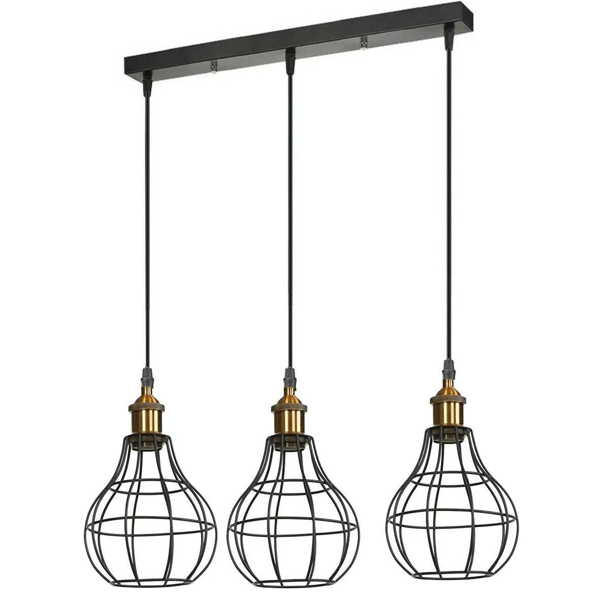Modern industrial wire cage pendant light with three black metal cages and long PVC cables hanging from ceiling plate