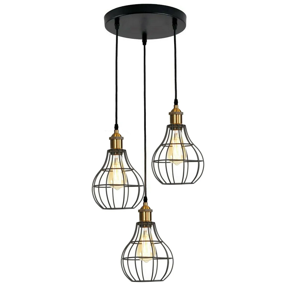 Black modern industrial wire cage pendant light with three heads and 95cm PVC cables hanging from ceiling plate