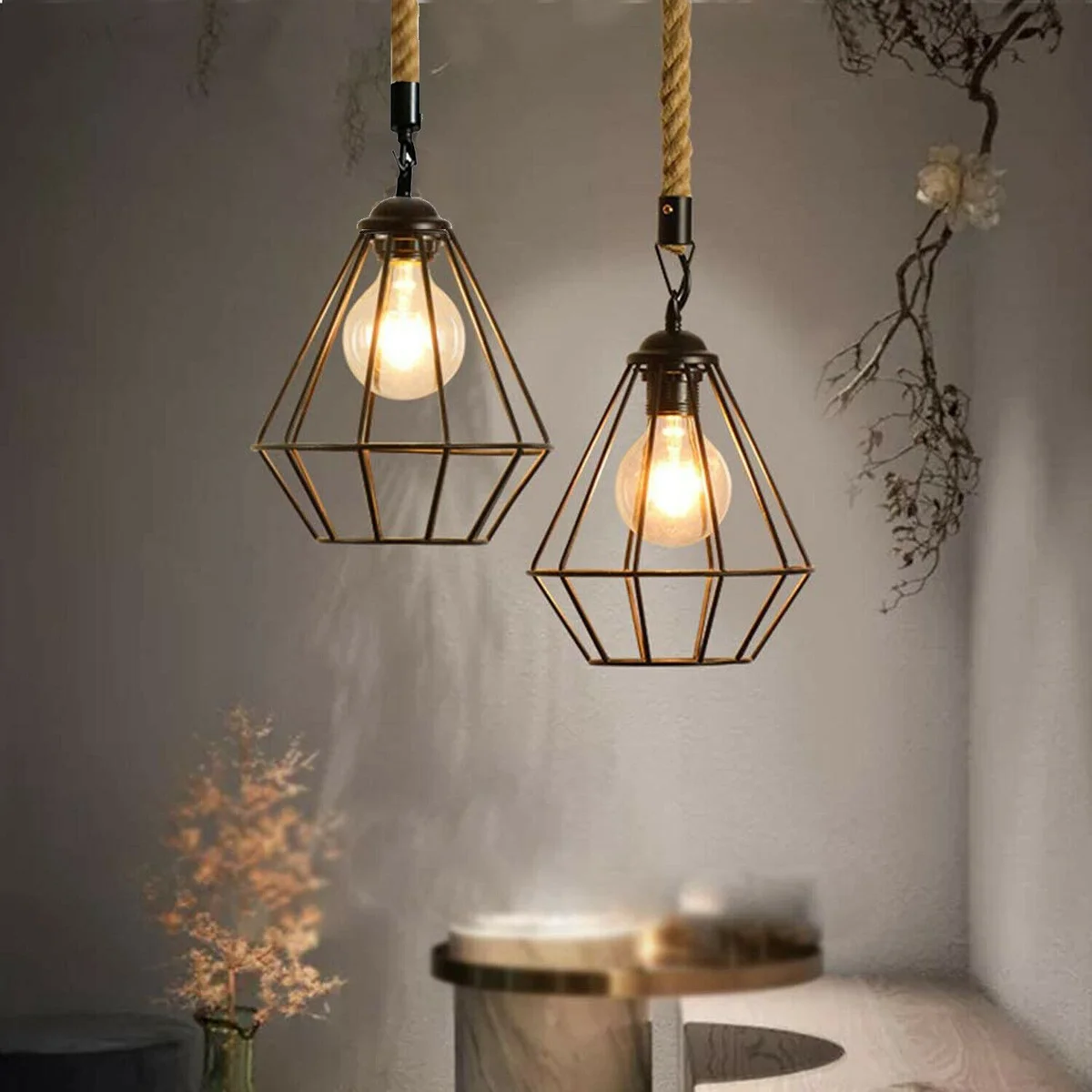 Black industrial pendant E27 ceiling light with retro cage and 1m hemp rope hanging from ceiling plate
