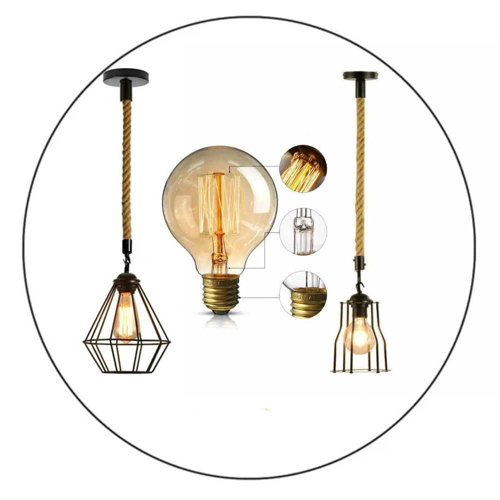 Black retro cage pendant light with hemp rope cord and E27 lamp holder hanging against a white background