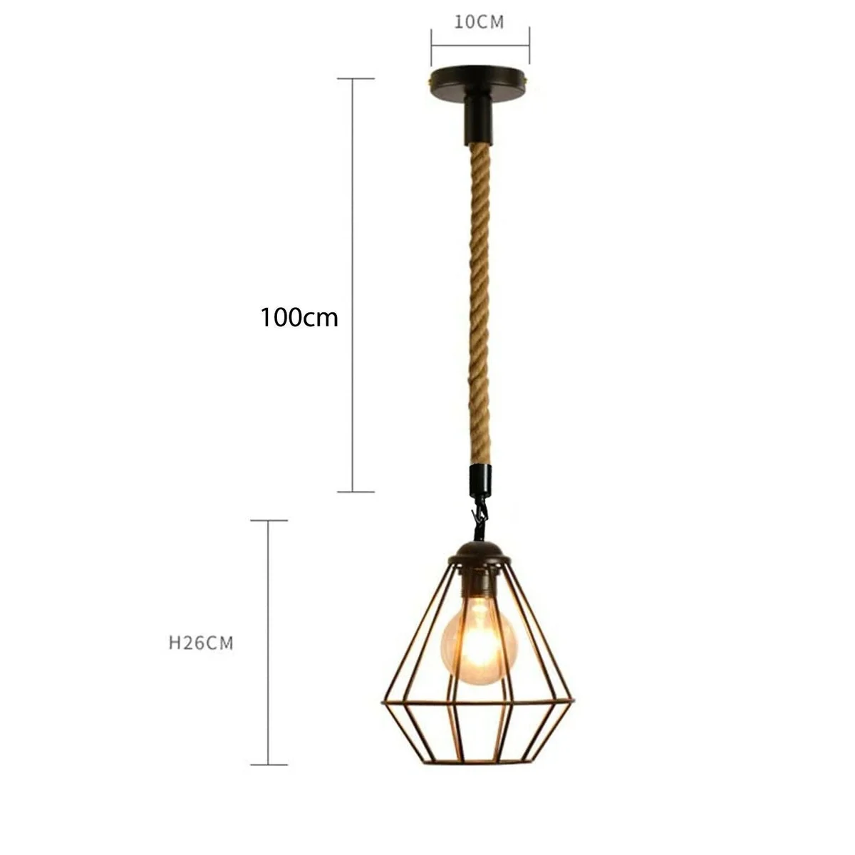Black industrial pendant light with retro cage and 1m hemp rope light hanging from ceiling plate