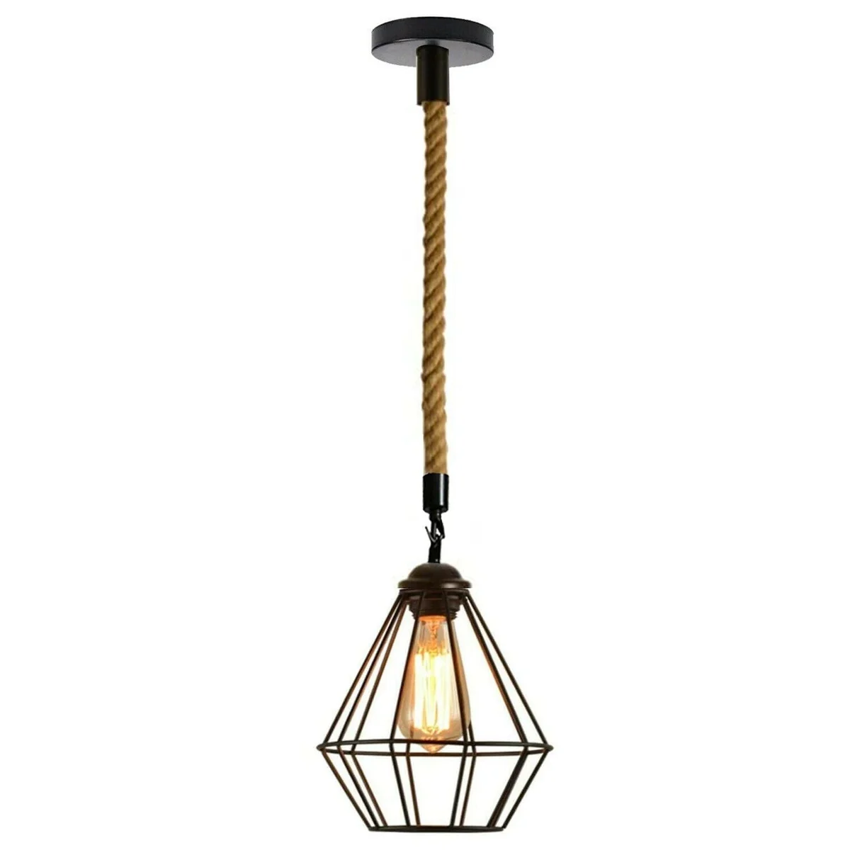 Black metal pendant lamp with retro cage design and hemp rope hanging cable against a white background
