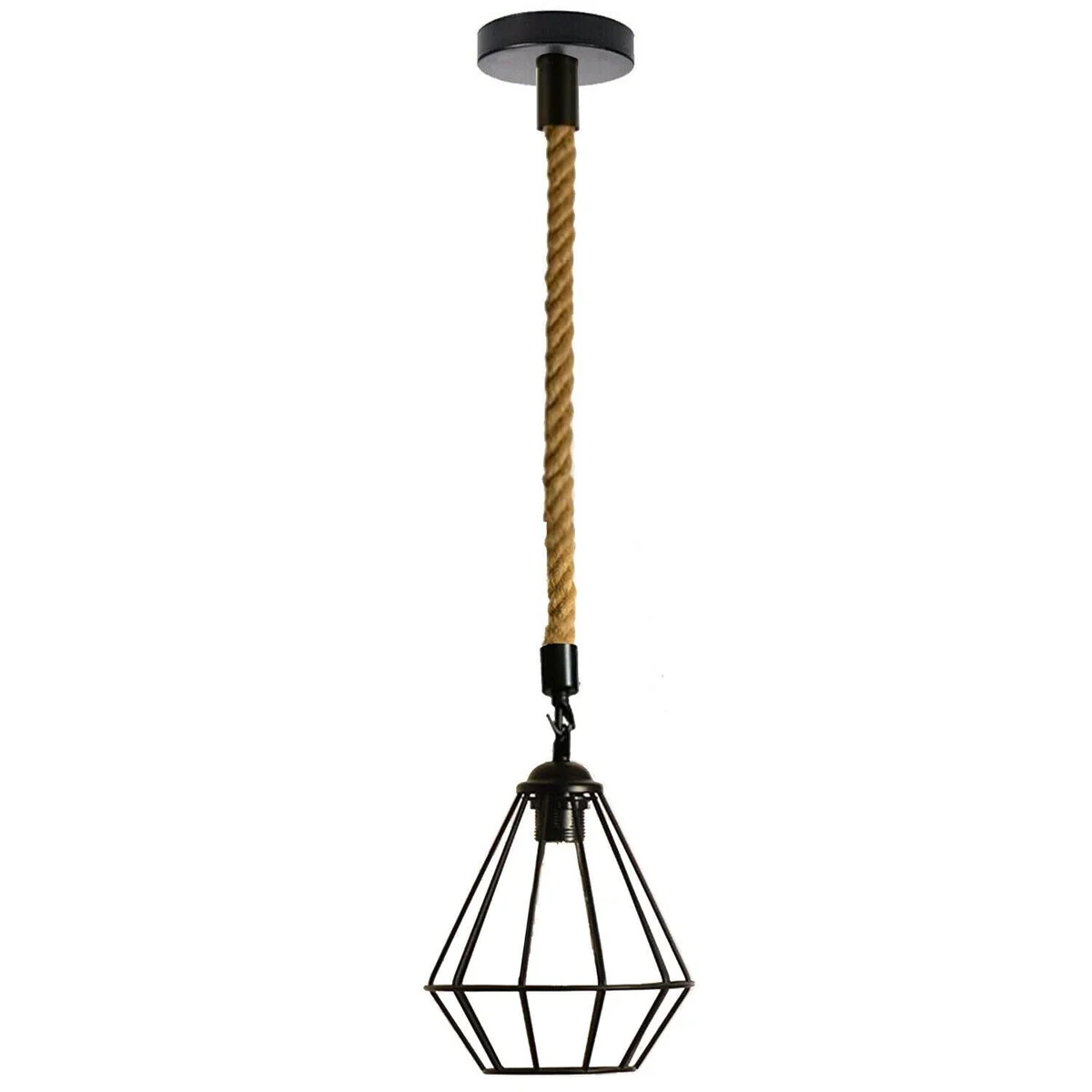 Vintage ceiling fixture with black metal cage and hemp rope hanging cord, designed for E27 bulb, industrial style