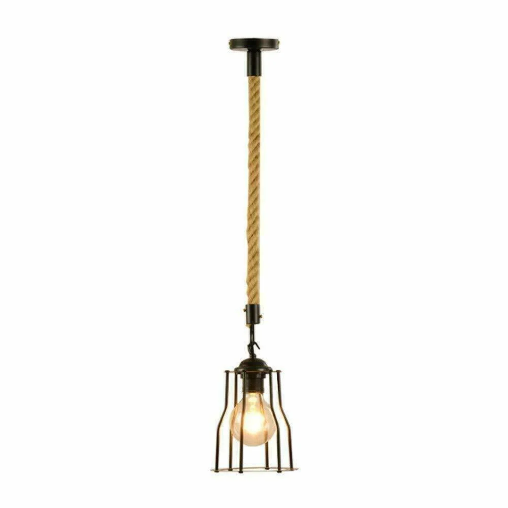 Black industrial pendant light with retro cage and hemp rope hanging from ceiling, E27 bulb holder visible