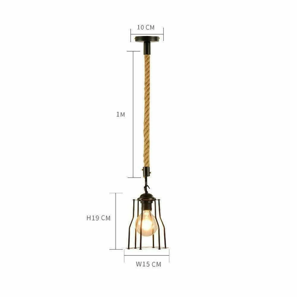 Black industrial pendant light with retro cage and hemp rope hanging from ceiling plate against white background