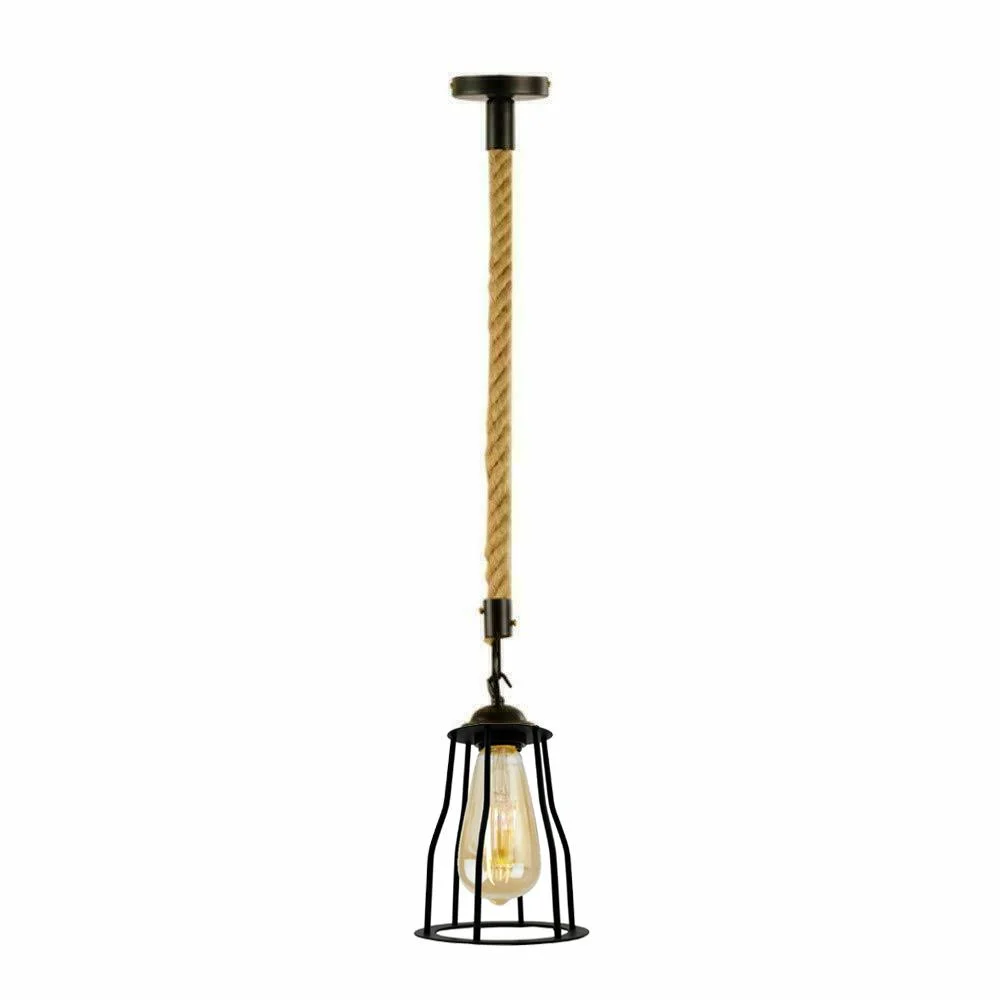 Black industrial pendant light with retro cage and hemp rope hanging from ceiling plate against white background
