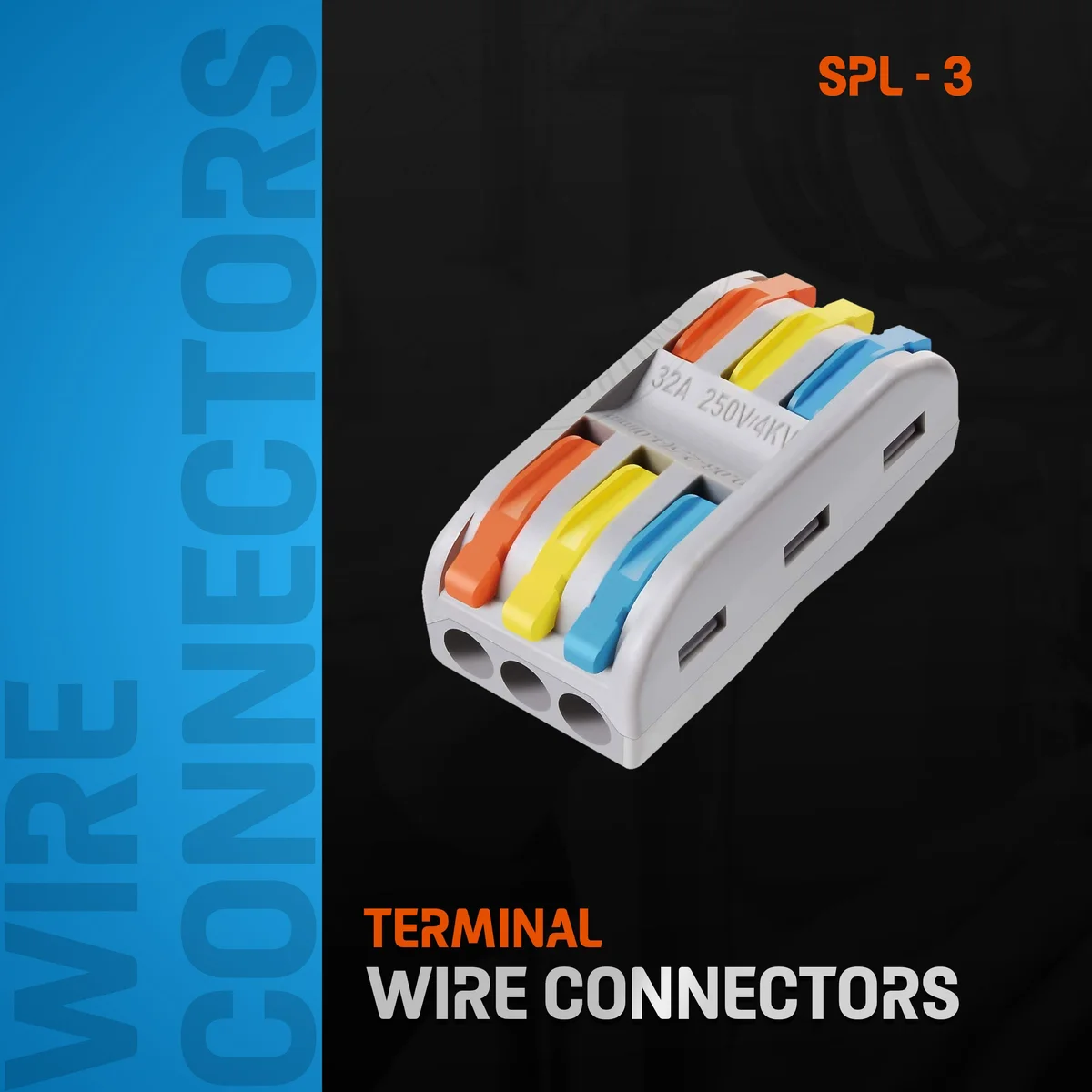 3 way wire connector made of nylon PA66, showing three coloured clips for connecting soft and hard wires.