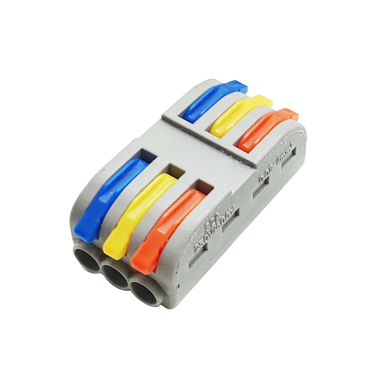 3-core nylon PA66 connector block with recessed lever nut grips and contrasting colored interfaces for easy wire alignment