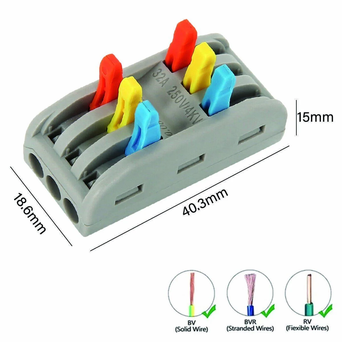 3‑way nylon LED wire connector with lever clamp and colour‑coded interfaces