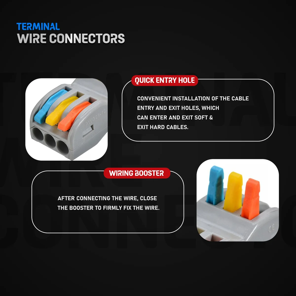 3 core connector clamp, lever nut, nylon housing, coloured interfaces, 6 stitches.