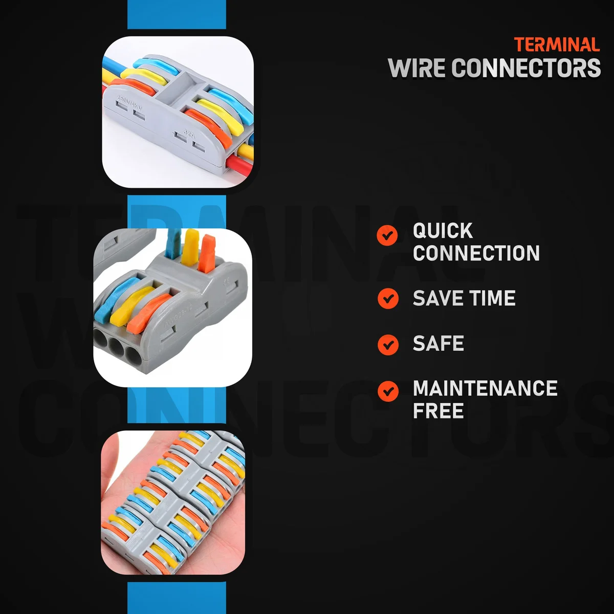 Three reusable nylon PA66 low frequency connector clips with coloured lever interfaces and six‑stitch clamp