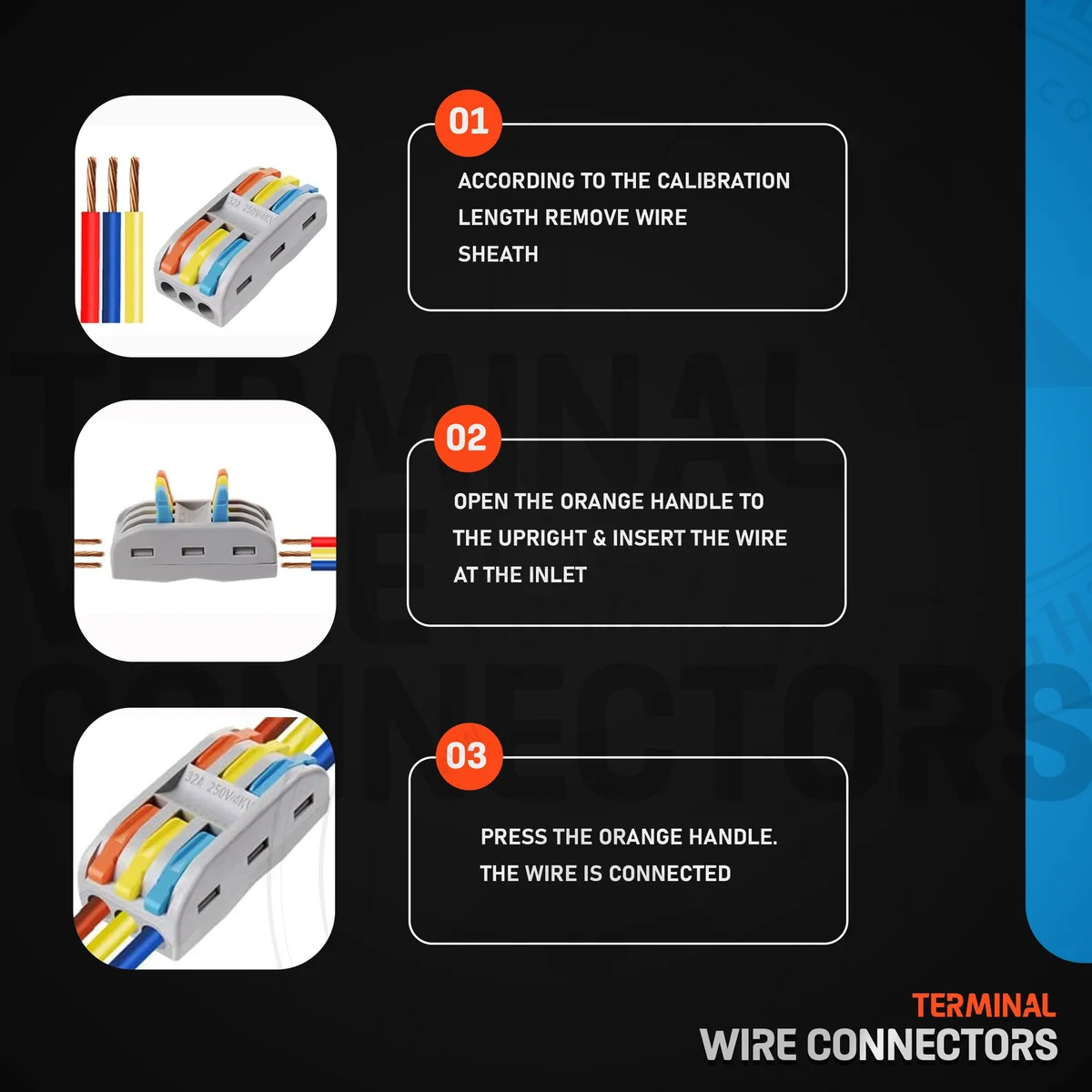3 way wire connector with nylon body and lever nuts, showing three colored metal clamps for soft or hard wire.