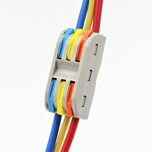 3 way wire connector made of flame‑retardant nylon with lever clip, showing three coloured terminals and a reusable clamp.