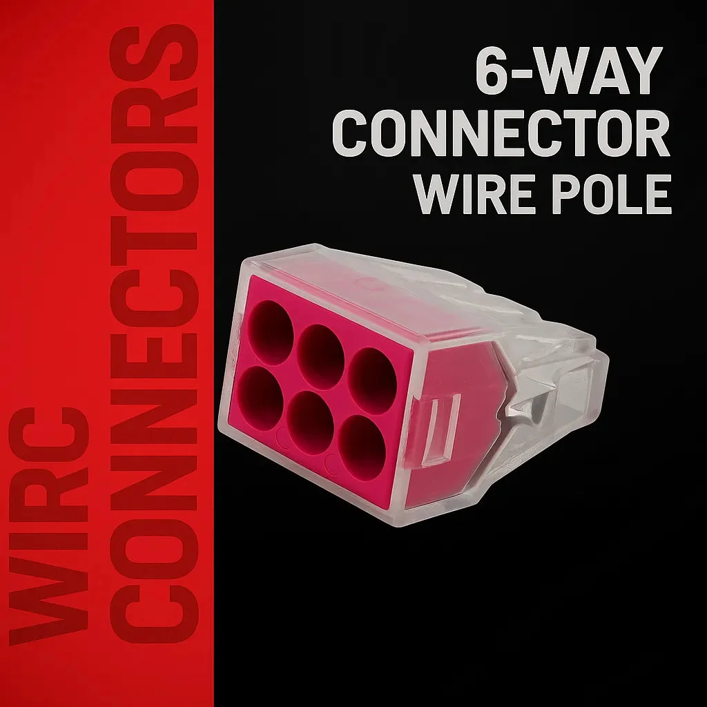 6-way push wire connector block with transparent housing and six wire entry points for easy electrical splicing