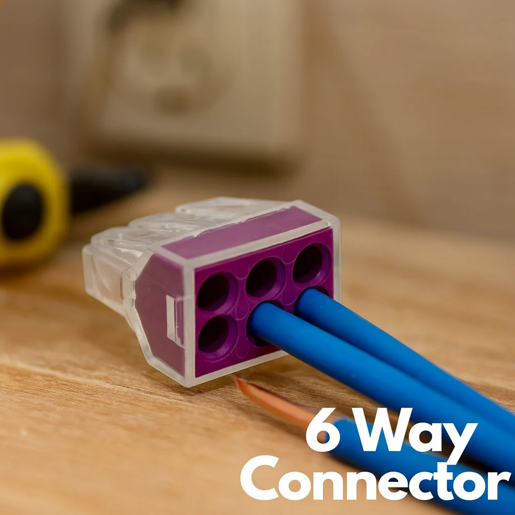 6-way push wire electric wire terminal block with transparent housing showing wire insertion points and connectors