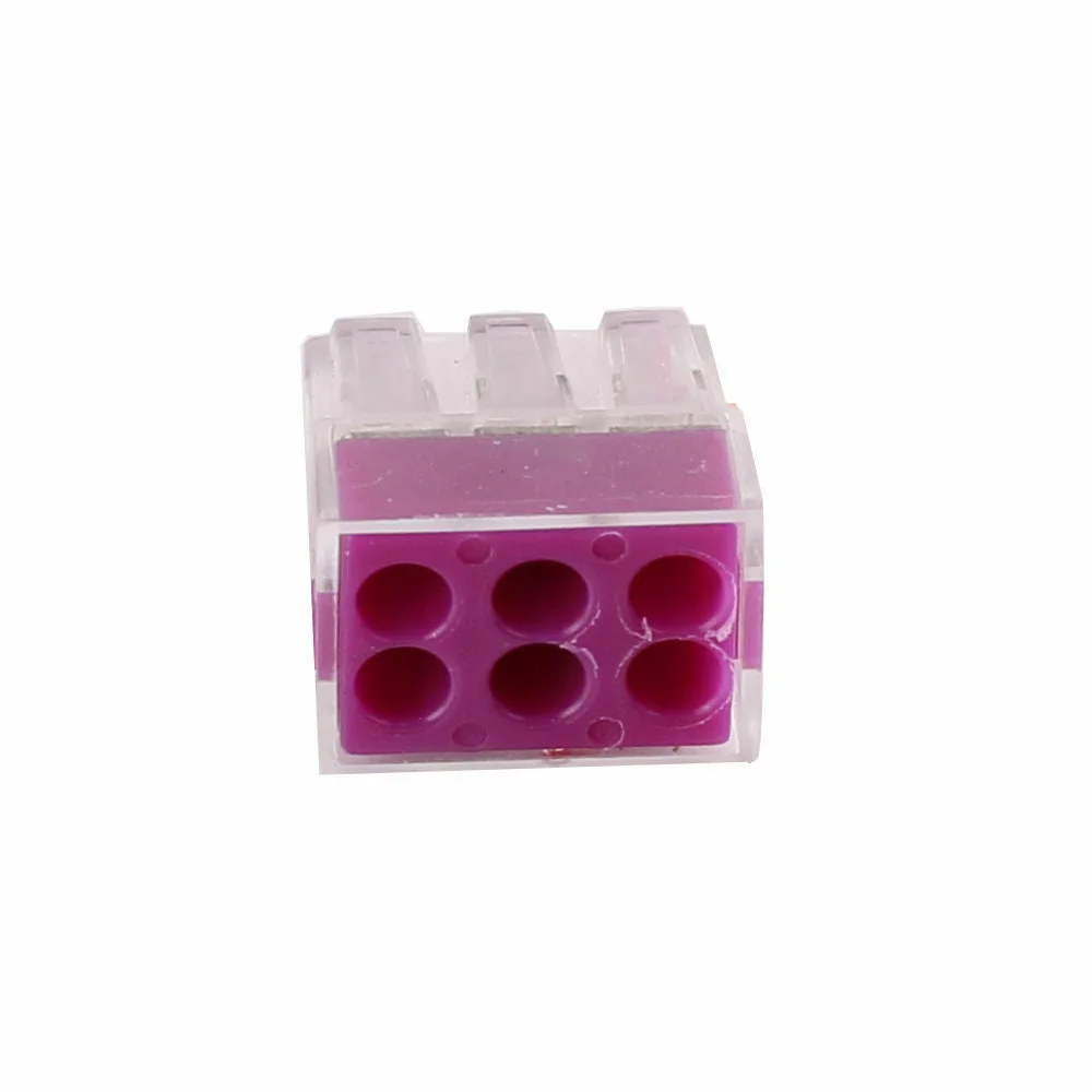 6-way reusable wire connector with transparent housing showing six push wire terminals for electrical cables