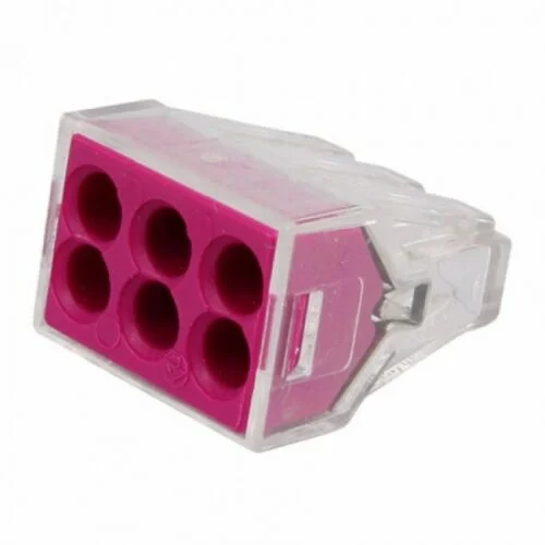 6-way reusable electrical cable connector with transparent housing showing wire insertion points and push wire clamps