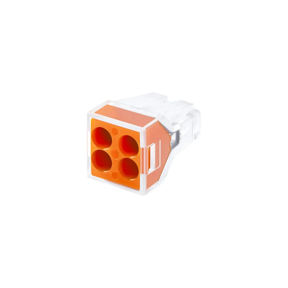 Orange 4 way push in wire connector with clear housing showing four ports for solid and rigid conductors up to 2.5mm²