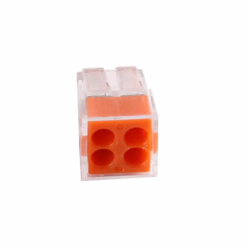 Orange 4 way push in wire connector with clear housing showing internal spring clamps for solid wire connections