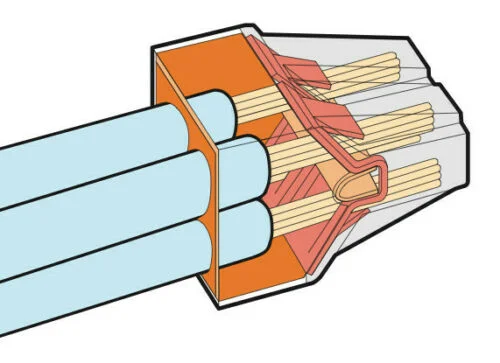 Orange 4 port wire connector with clear housing showing four push-in terminals for solid conductor wiring installation