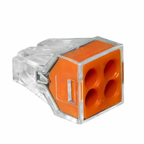 Orange 4 way push-in solid conductor connector with clear housing showing internal spring-steel clamps for secure wiring