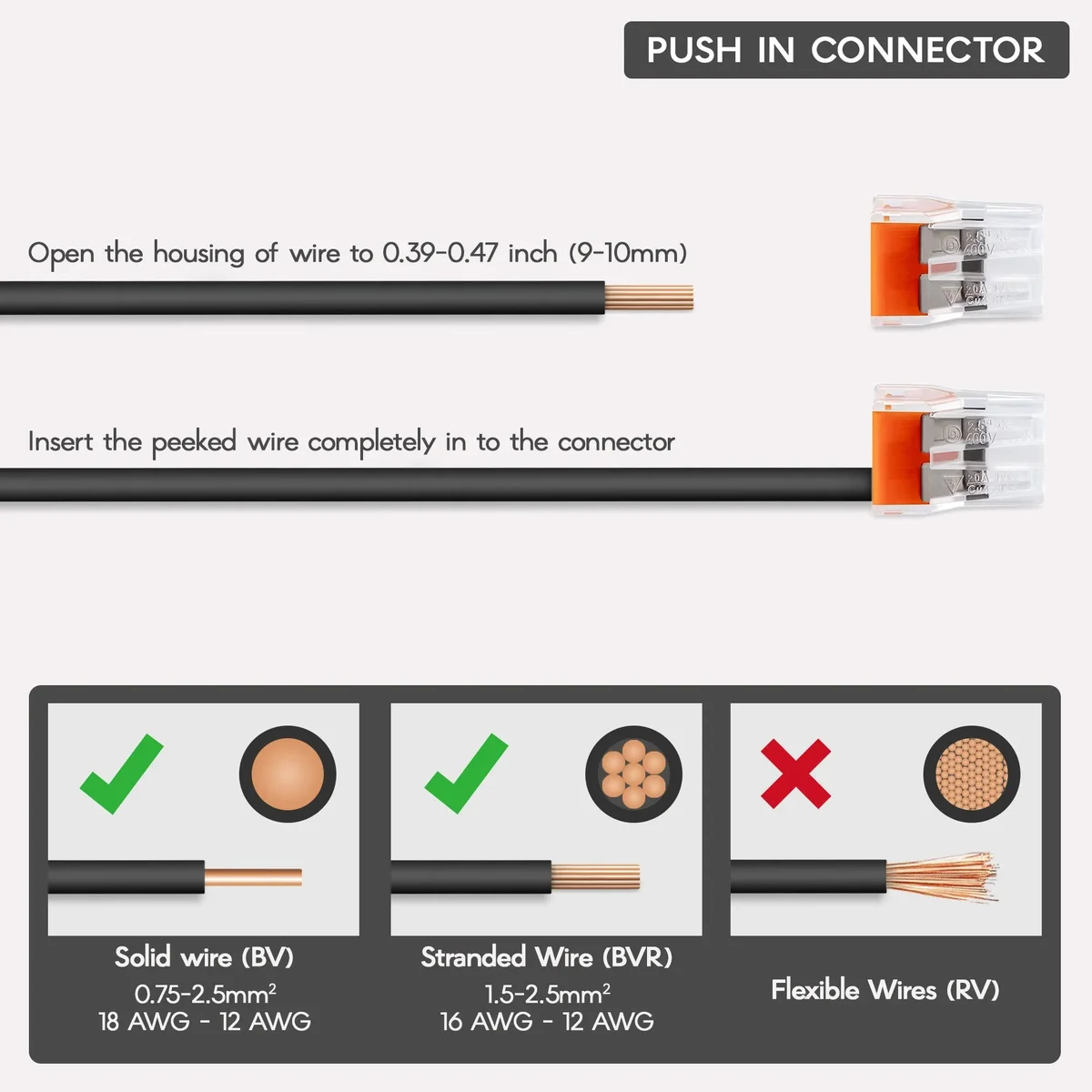 Orange 4 way push-in lighting wire connector with clear housing showing internal spring clamps for solid wires up to 2.5mm²