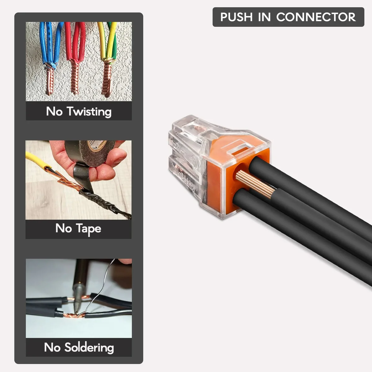 Orange 4 port tool free wire connector with clear housing and push-in terminals for solid wires up to 2.5mm²