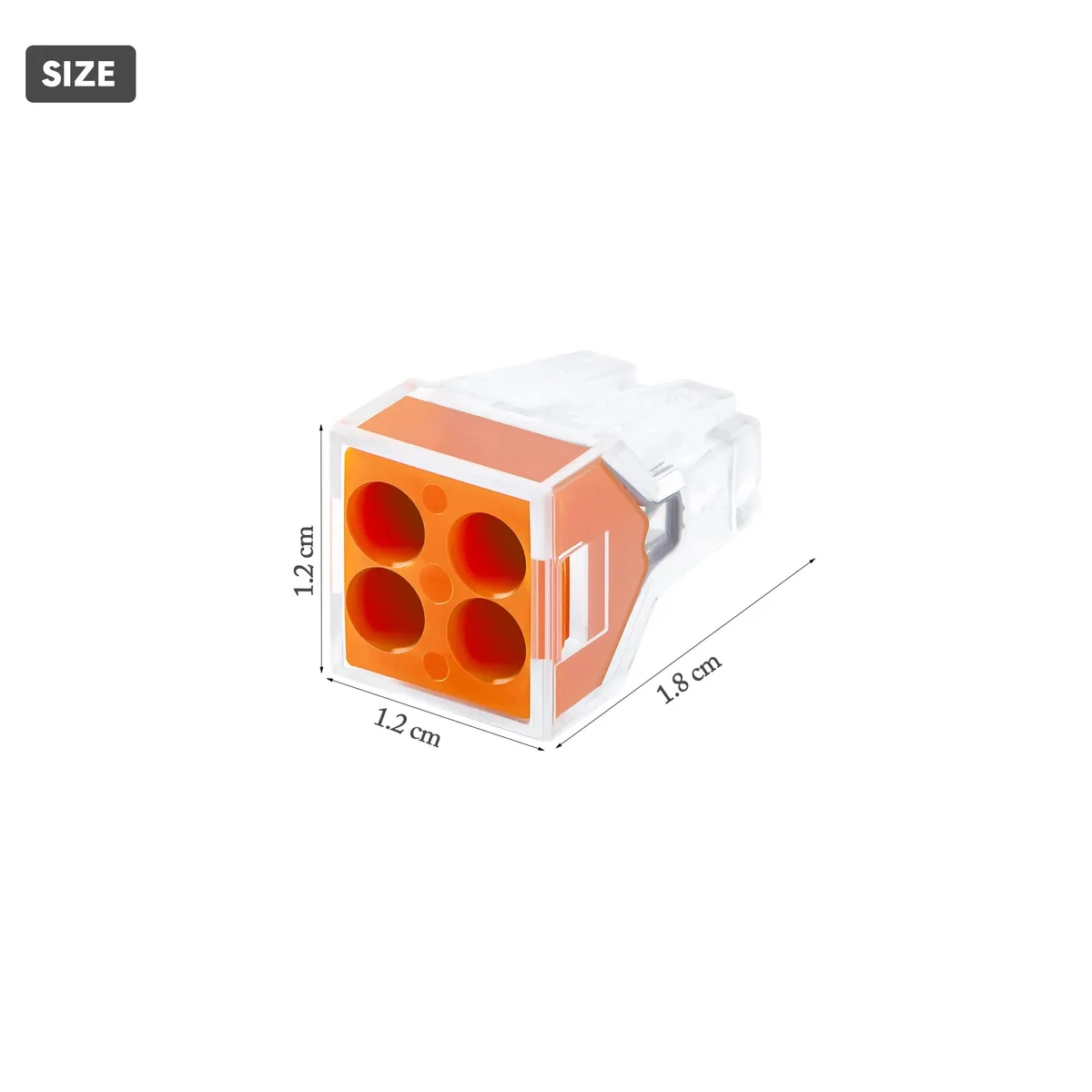 Orange 4 way push in wire connector with four ports and clear housing for secure, tool-free electrical connections
