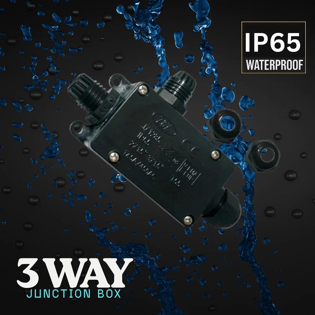 Black 3‑way IP65 waterproof junction box with screw‑fixed connector for cables 5‑10.5mm, shown in a small cabinet lighting setup.
