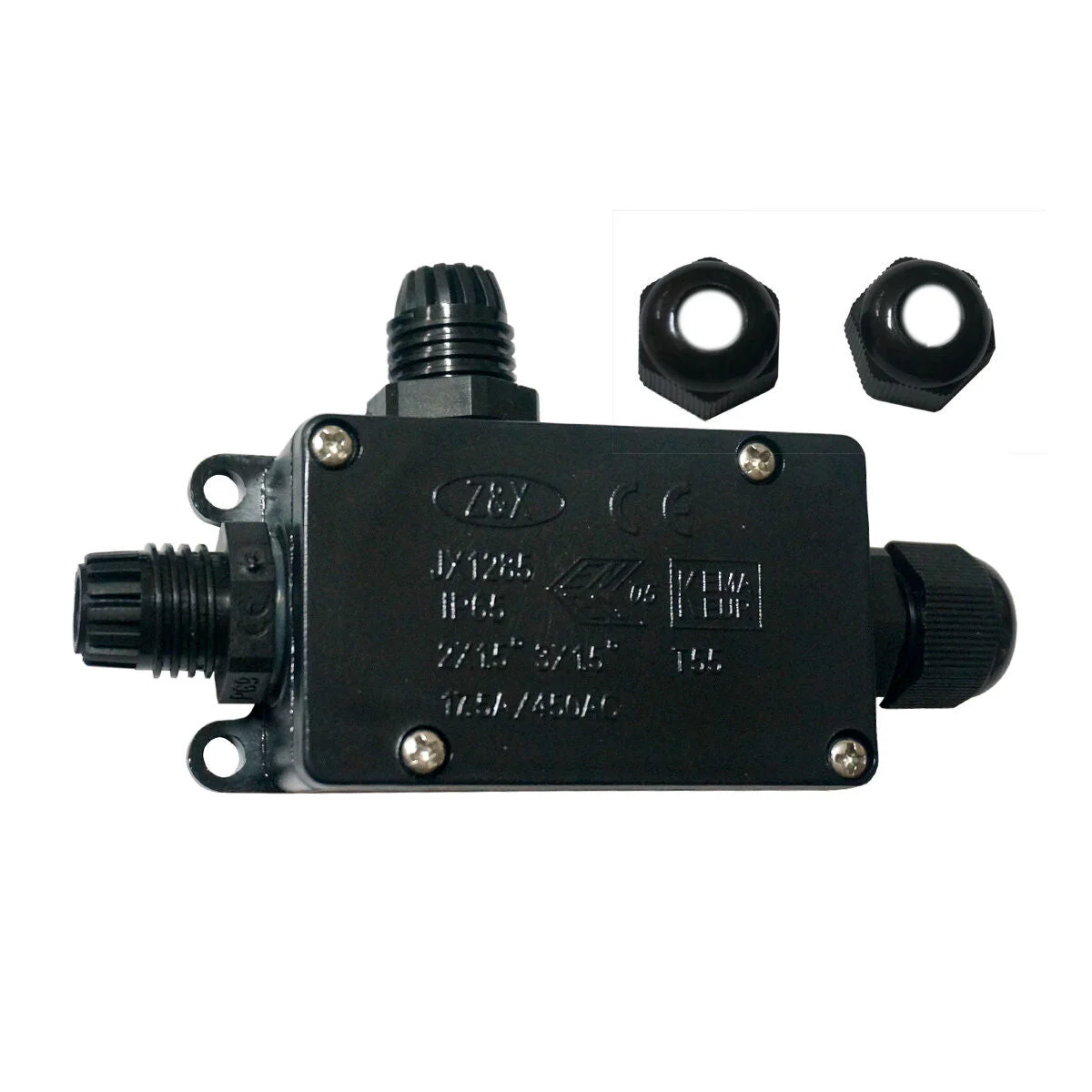 Black 3‑way IP65 junction box with screw‑fixed connector, made of PA/PC, for waterproof cable protection in outdoor lighting