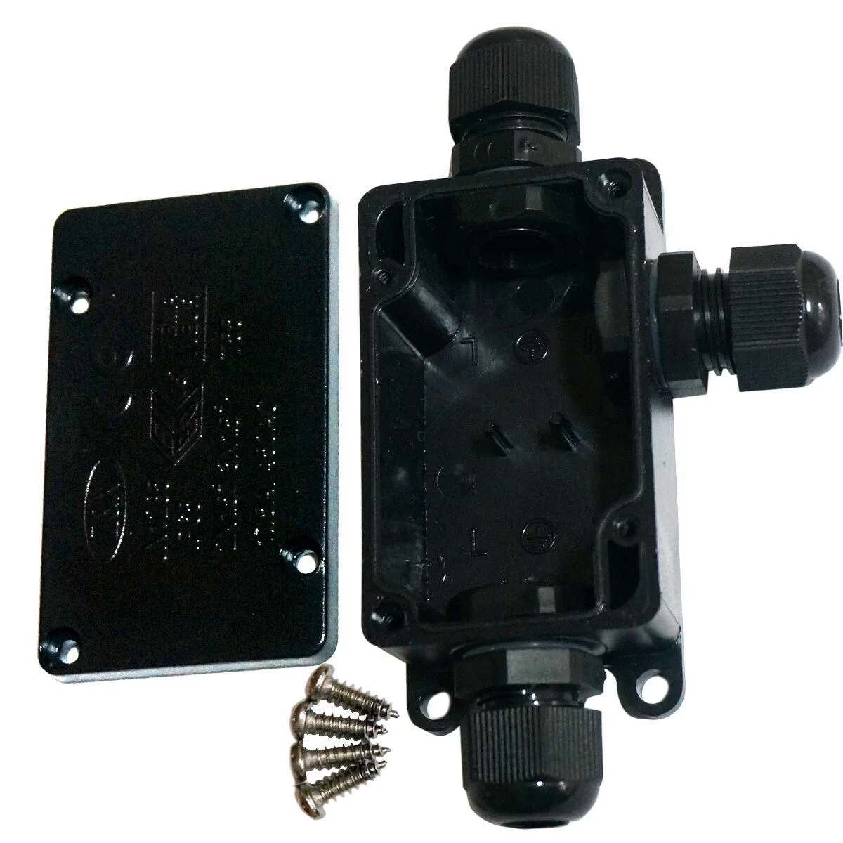 Black 3 way junction box with screw‑fixed connector and three cable openings, suitable for under‑cabinet lighting