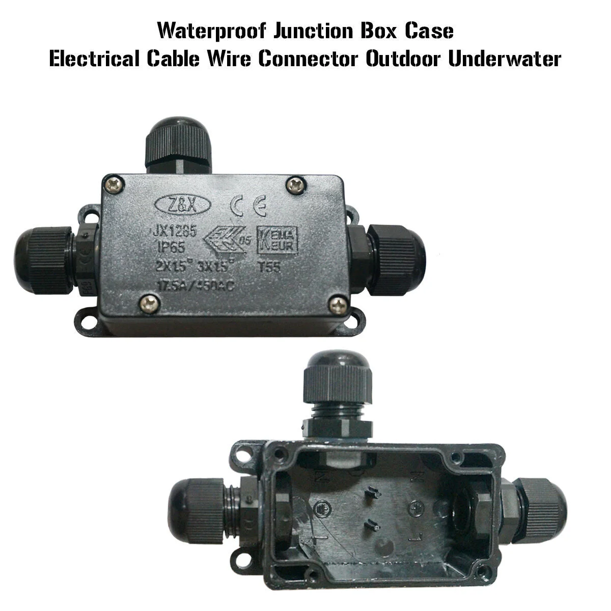 Black 3‑way waterproof cable connector with screw‑fixed design, IP65 rated, shown on white background