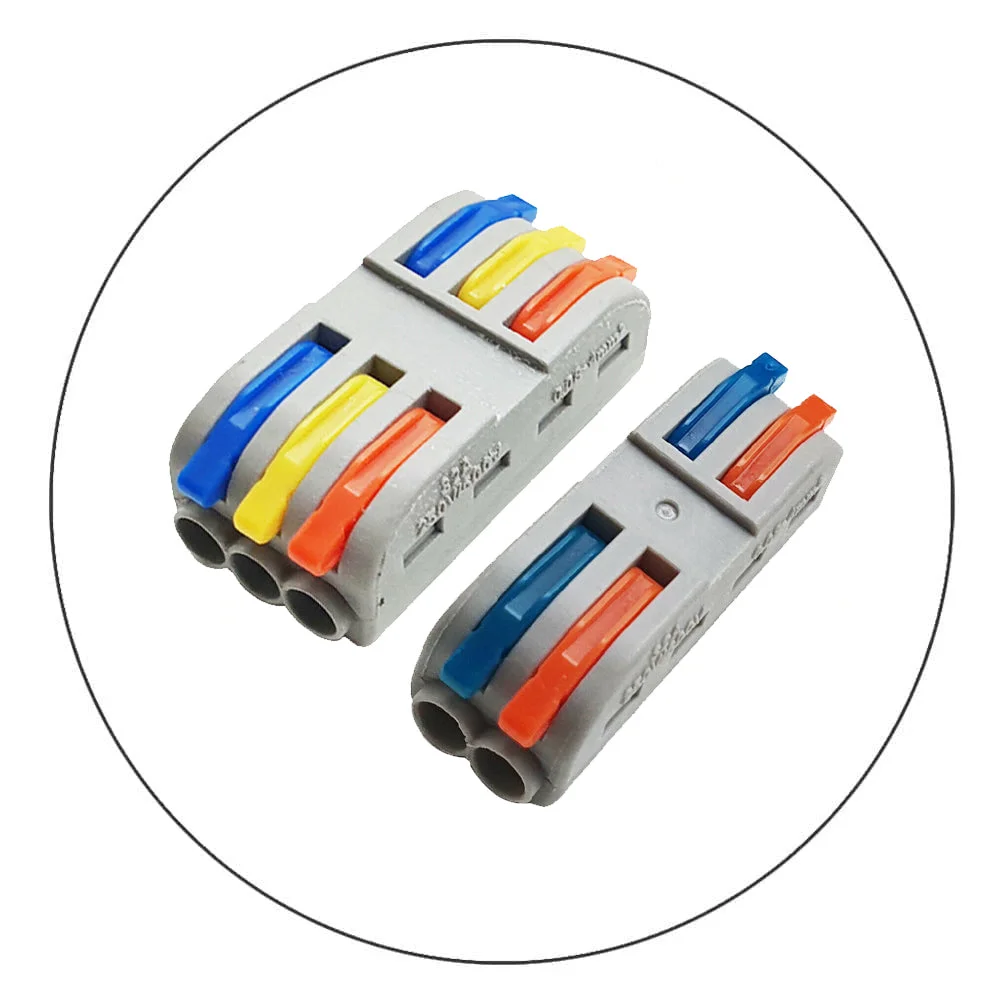 Two nylon wire connectors with lever clamps, showing 2 and 3 core ports in different colors for easy wiring.