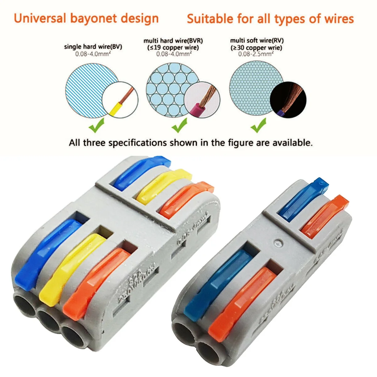 Blue and orange 2/3 way electrical wire connectors with lever clamps for 2 or 3 core wires, nylon PA66 material