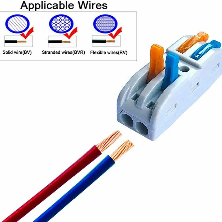 Two 3-way nylon electrical wire connectors with lever clamps in blue and orange colors on white background