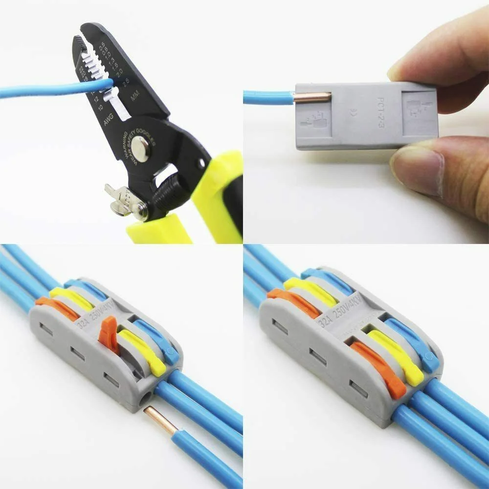 Two 2/3 way electrical wire connectors with lever clamps in different colors for easy wire connection and observation